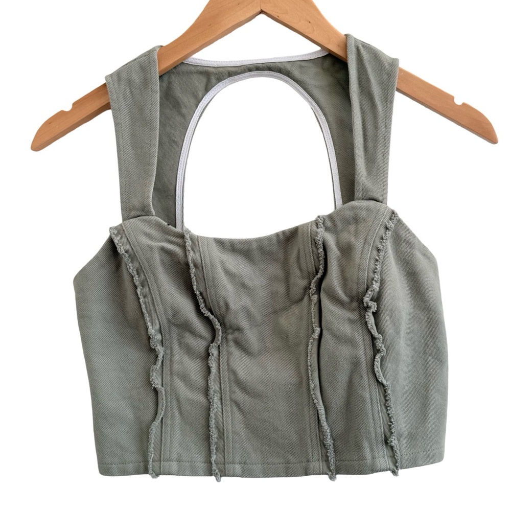 Majorelle Revolve Corset Chic Sage Stylish Olive Green Denim Crop Top S